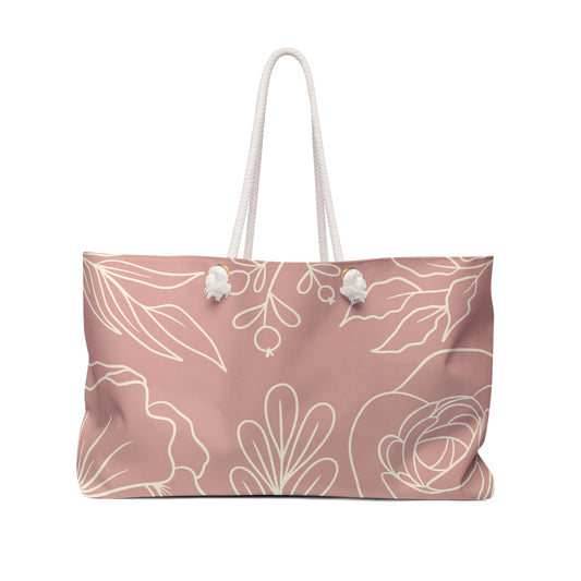Floral Outline Weekender Bag — Blush Pink Tote for Travel & Beach