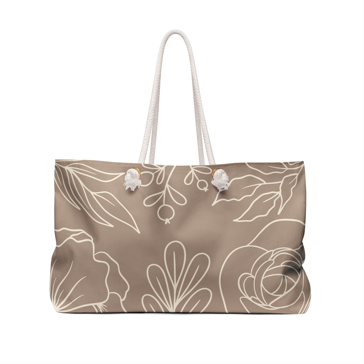 Floral Outline Canvas Weekender Bag – Neutral Beige Tote for Travel & Beach