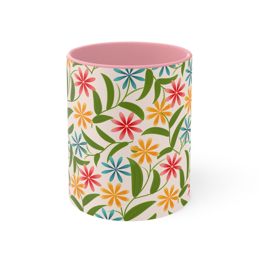 Flower Pattern Accent Mug, Floral Coffee Cup, Colorful Drinkware, Gift Idea for Flower Lovers, Spring Home Decor